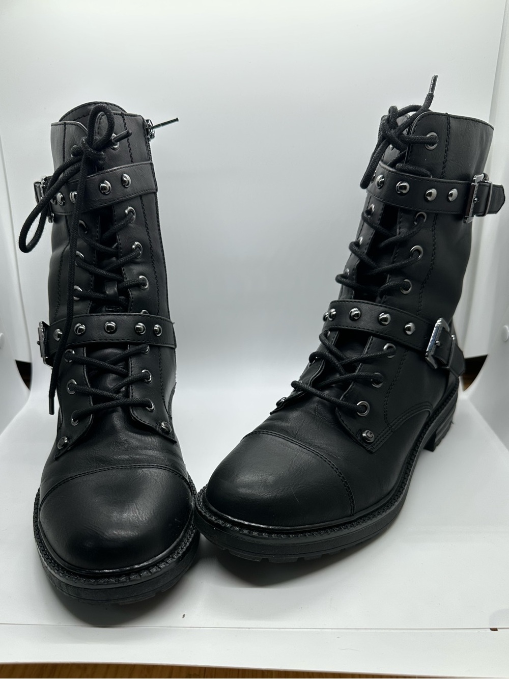Black Studded Lace-Up Combat Boots for Women